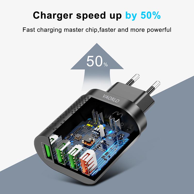VAORLO 3A Charging Port Fast Charger 4 USB Port LED Light Quickly Charge EU US Plug 48W Charging