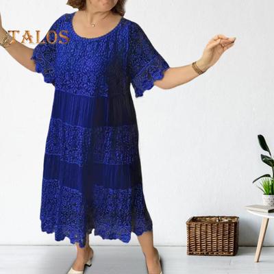 Summer Women Dress Lace Patchwork Round Neck Short Sleeves Hollow Out Flower Embroidery Pleated Loose Mid-calf Length Shopping Dating Dress