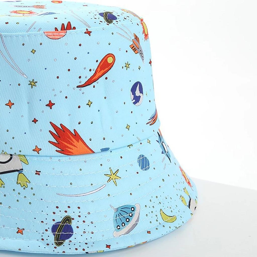 Kids Summer Sun Protection Cap Spaceship Planet Print Bucket Hat Wide Brim Fisherman Hats Boys Girls Outdoor Beach Basin Caps