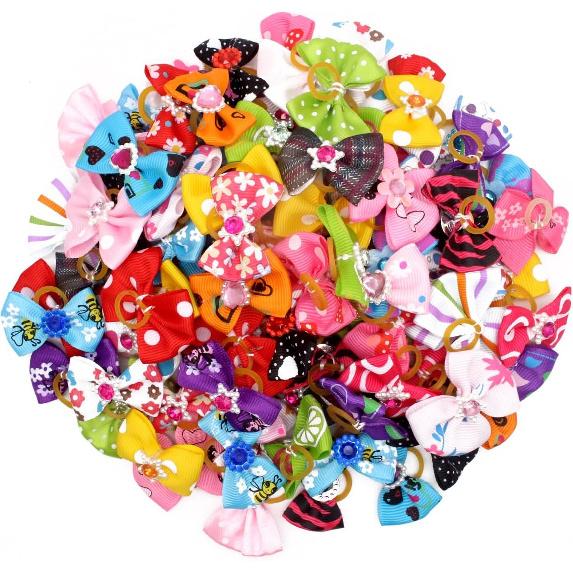 YOY 50 Pcs Adorable Grosgrain Ribbon Pet Dog Hair Bows with Elastic Rubber Bands - Doggy Kitty Topknot Grooming Accessories Set for Long Hair Puppy