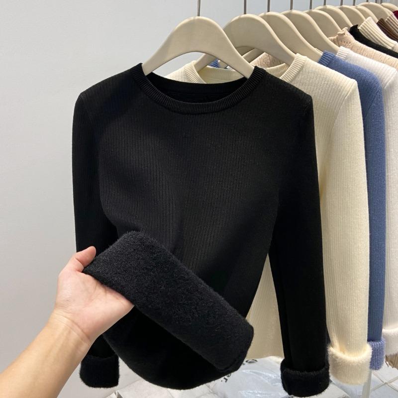 Soft waxy sweater autumn and winter round neck integrated fleece bottoming shirt women's inner fleece thickened warm knitted top