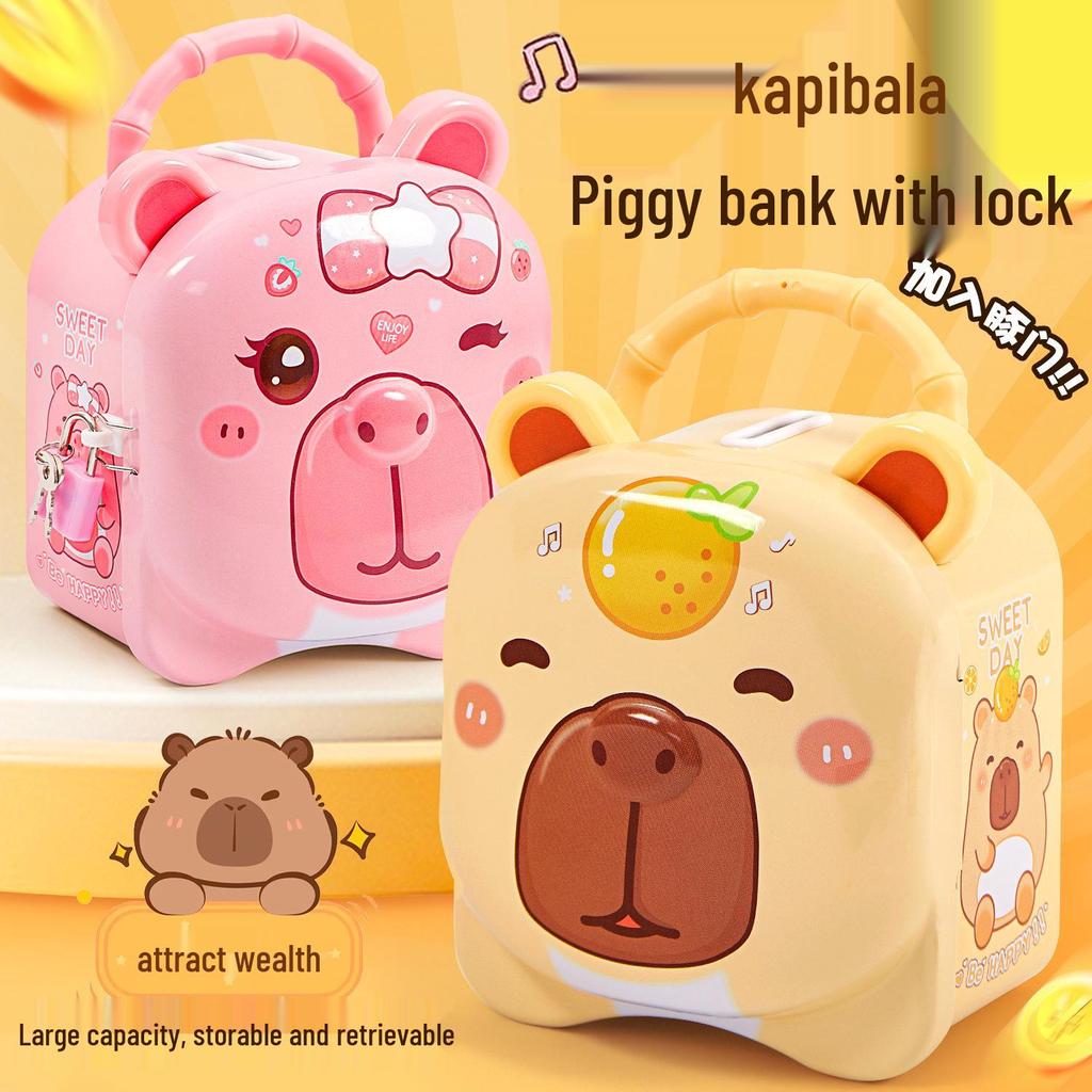 Capybara Coin Bank with Lock - Cute Tinplate Savings Gift for Kids and Students