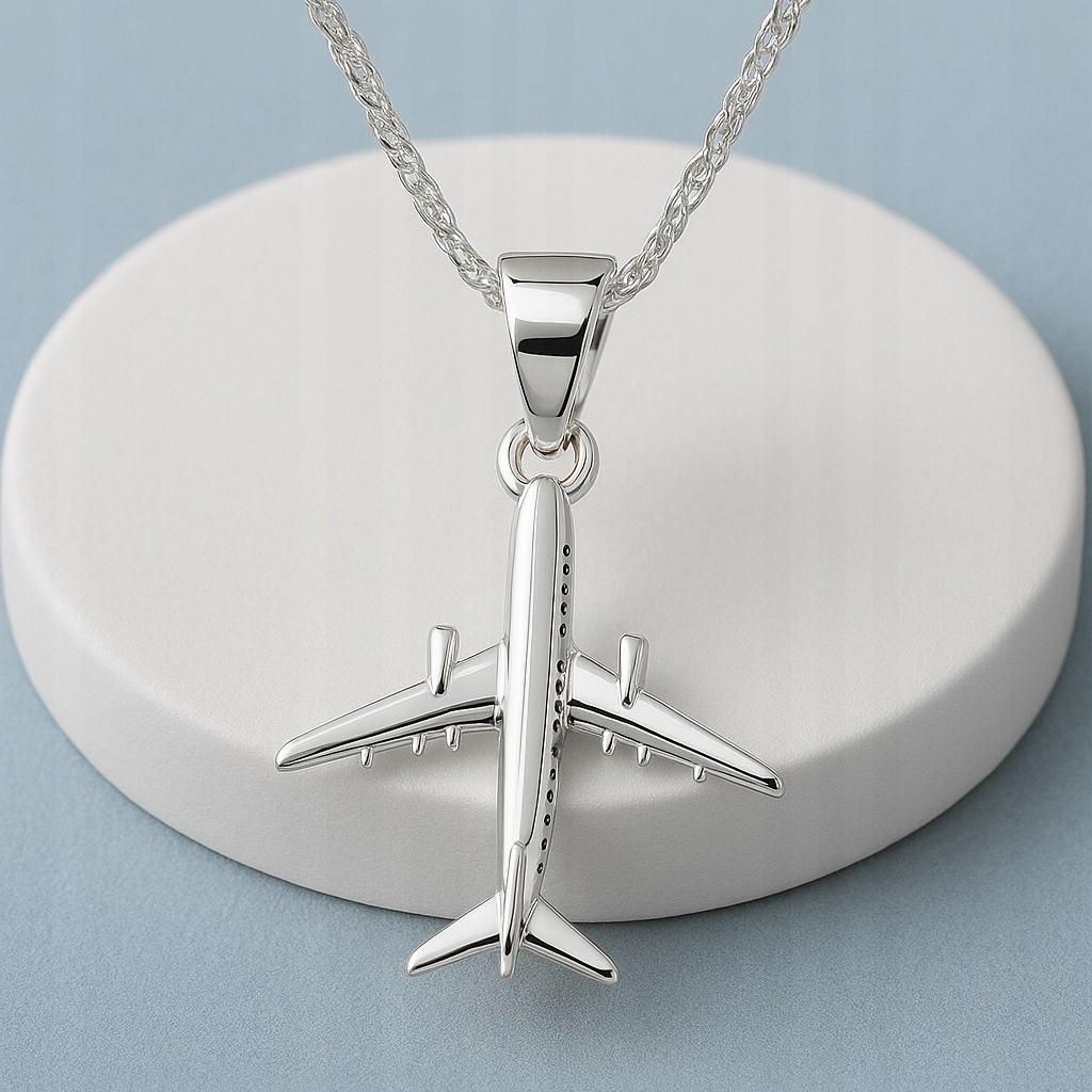 Silver Necklace With Airplane Hanging Plane Travel Silver 925