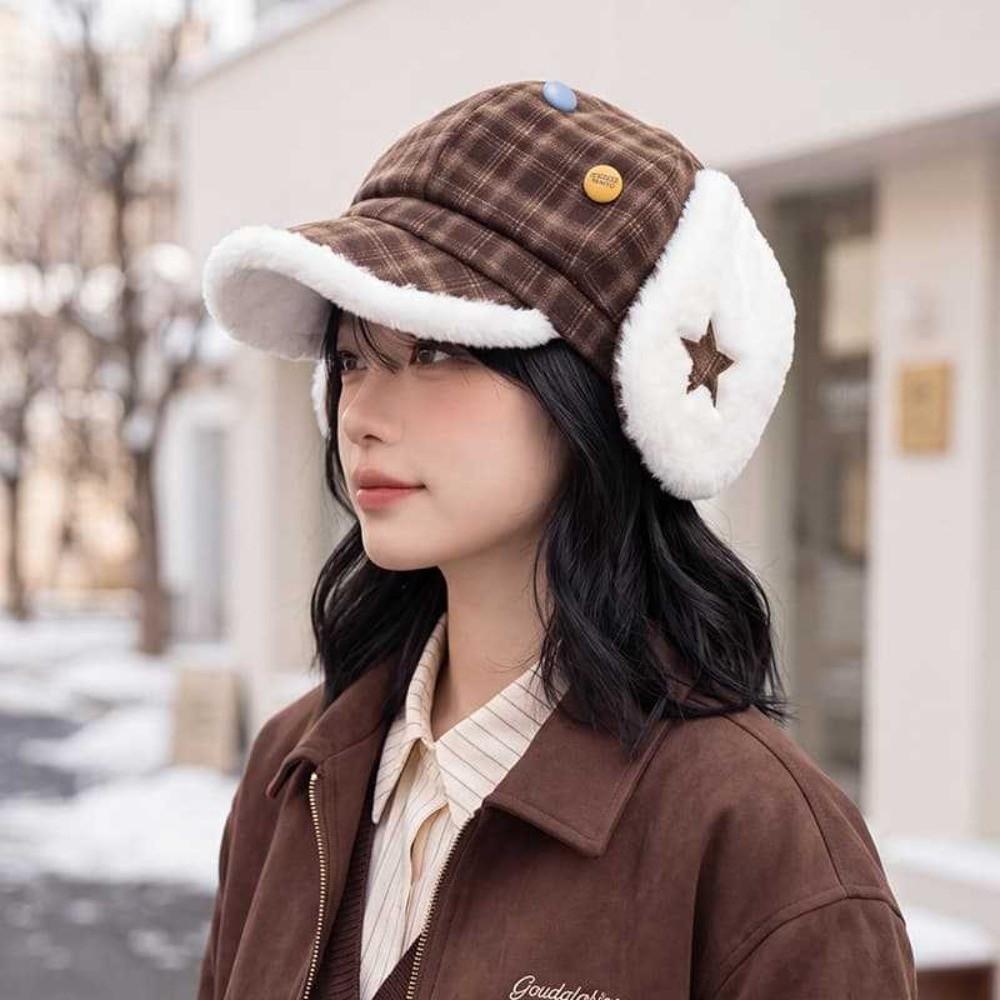Sweet Winter Fleece Lined Hat Earflap Windproof Newsboy Cap Cute Plaid Octagonal Hat For Women