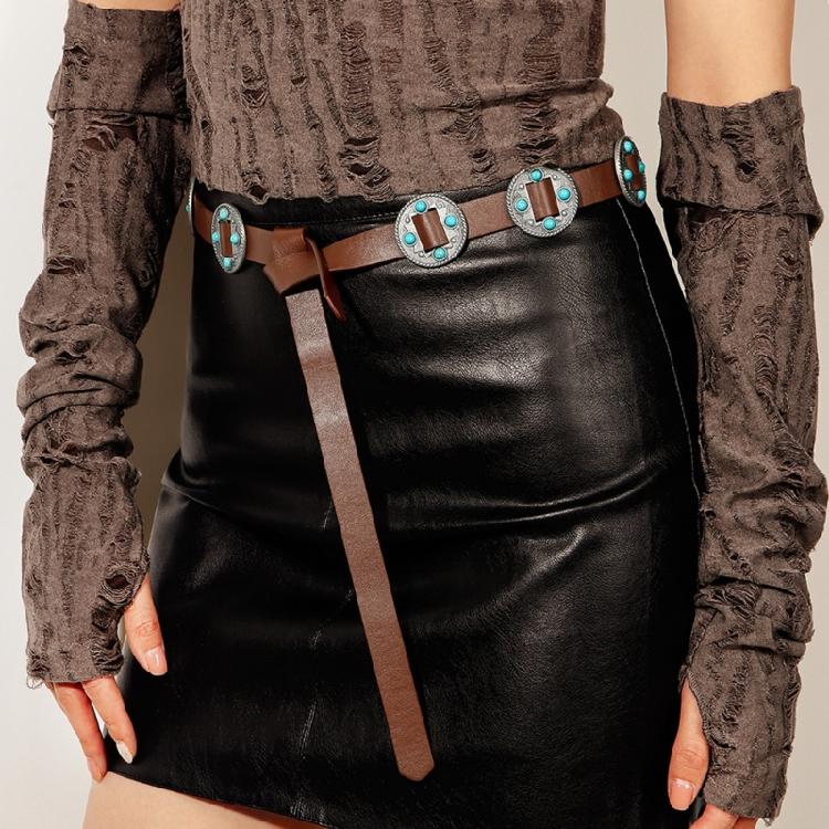 Adjustable Retro Carved Metal Decors Waist Belt Exquisites Handcrafts PU Leather Belt Waistband for Fashion Enthusiasts