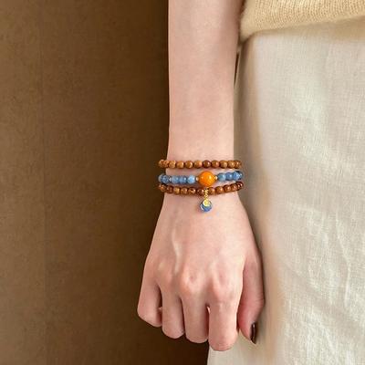 Natural Cook Beeswax Blue Crystal Beaded Double Layer Bracelet Retro National Style Wenwan Bracelet New Chinese Versatile Jewelry Women