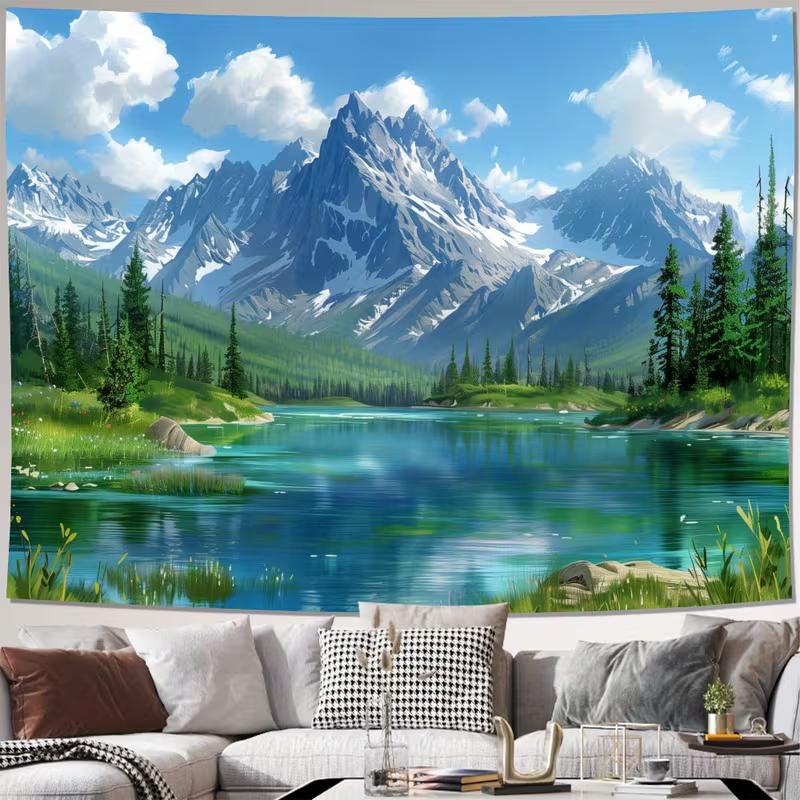 2D Peaceful Lake Mountain Backdrop, Snow-Capped Peaks & Forest Photo Background