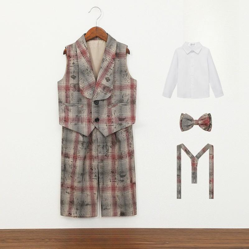

School Boys Plaid Formal Suit Kids Waistcoat Pants Bow Tie Set Children Gentleman Outfit for Wedding Performance Daily Birthday Party 4-12Y 80cm