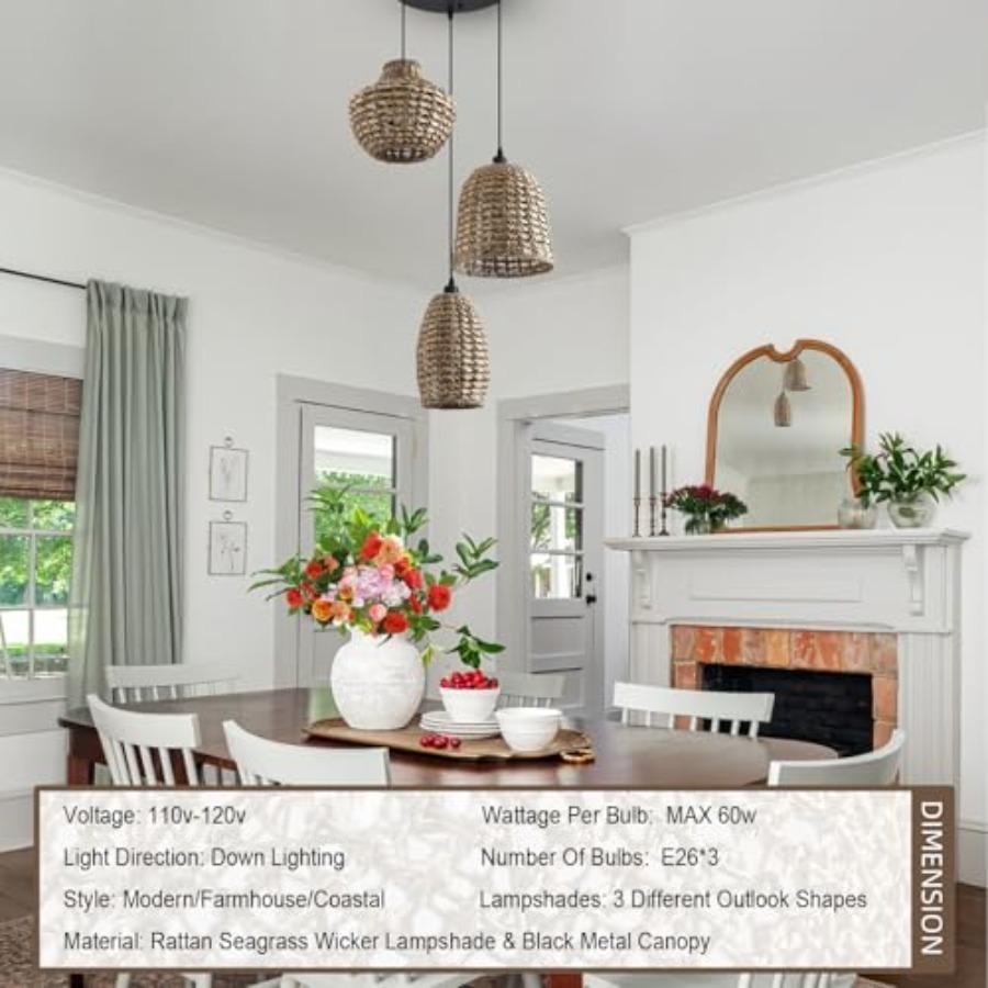 Boho Coastal Rattan Pendant Light with Hand-Woven Water Plants for Kitchen Island Living Room Bedroom Farmhouse 3-Light Ceiling