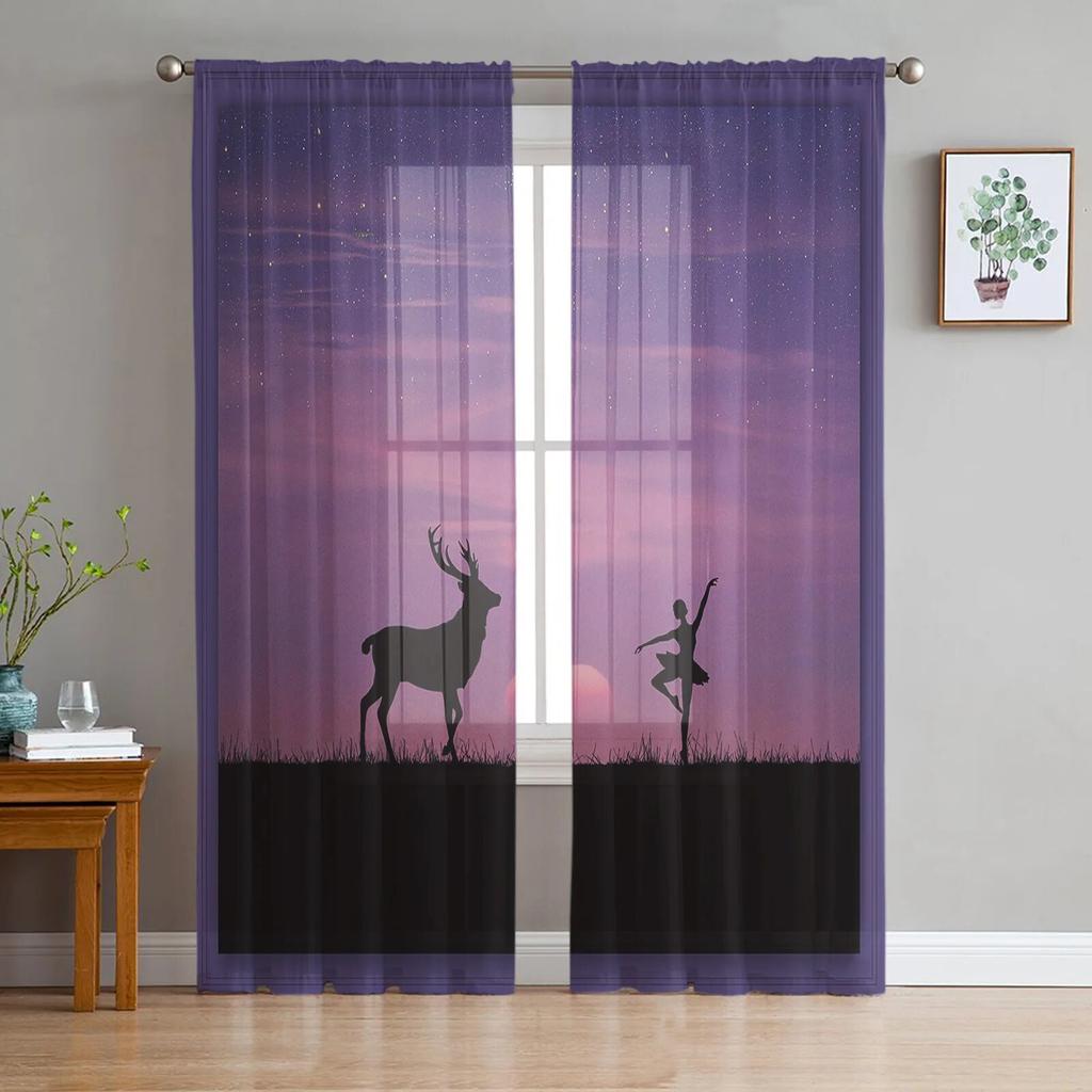 Reindeer Pine Tree Silhouette Tulle Curtains For Living Room Sheer Curtains For Bedroom Kitchen Window Curtain