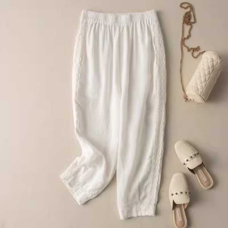 Новые свободные литературные ретро хлопково-льняные корсетные брюки, подчеркивающие стройность ног 3XL белый