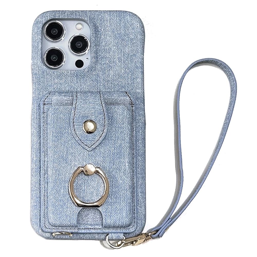 

For iPhone 15 Pro Max Case Ring Kickstand Card Holder Jeans Cloth Texture PU Leather Back Cover with Strap H