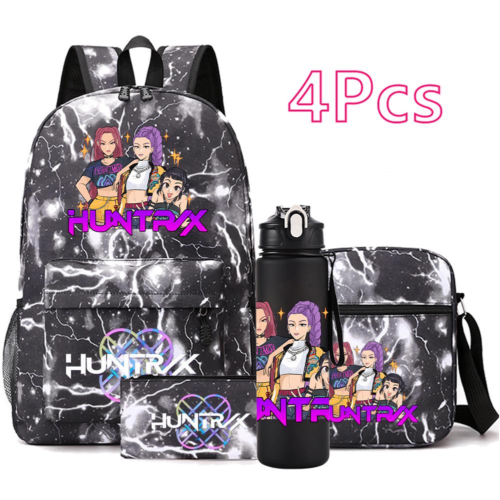 4Pcs/set Anime K-Pop Demon Hunters Printed Backpack Bookbag Shoulder Bag Case Bag with 750Ml Water Bottler for Boy Girl Large Capacity Schoolbag