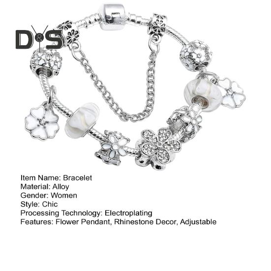 Women Bangle Multi Flower Clover Pendant Secure Closure Rhinestone Decor Alloy Adjustable Bracelet Prom Dating Work Wrist Jewelry