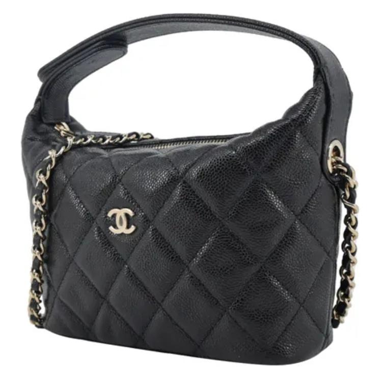 Chanel 25c Classic Chain Metal Logo Leather Woven Chain Hobo Bag Single Shoulder Crossbody Grainy Cowhide Material Gold Hardware Handbag Women'S Black
