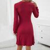 Women Spring Autumn V Neck Long Sleeve Bodycon Commuter-style Pit Strip Solid Color Package Hip Dress