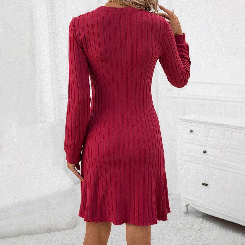 Women Spring Autumn V Neck Long Sleeve Bodycon Commuter-style Pit Strip Solid Color Package Hip Dress