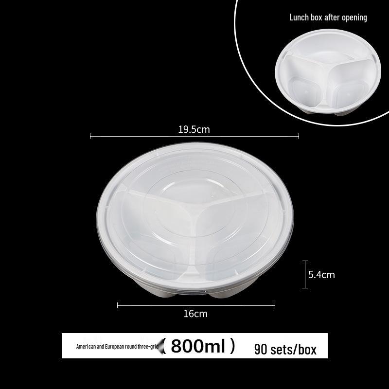 European & American Round Three-Compartment Disposable Lunch Box, Thickened Transparent Black Container for Takeaway Packaging
