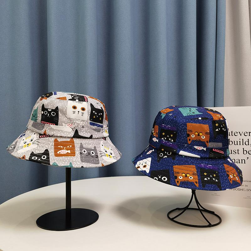 Summer shading personality print cartoon kitten face bucket hat female