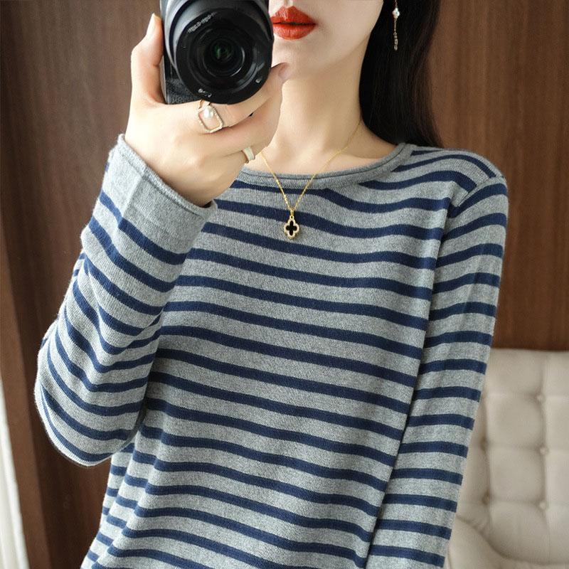 Women Cotton Sweater Curled O-neck Strip Pullover Autumn Winter Casual Knit Clothing Fashion Soft Bottoming Sweater Tops