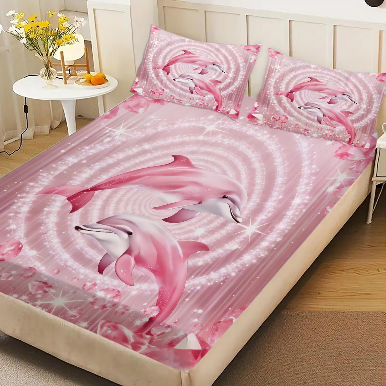 

Dolphin Print Fitted Sheet Set Pink Dolphin Pattern Bedding With Pillowcases For Bedroom Decor 99x190x25cm