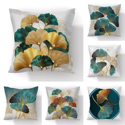 45X45Cm Fronha única Ginkgo Leaf Impresso Pele de pêssego Fronha de veludo com folha de ouro verde Decoração de sofá para casa Capa de almofada Capa de almofada