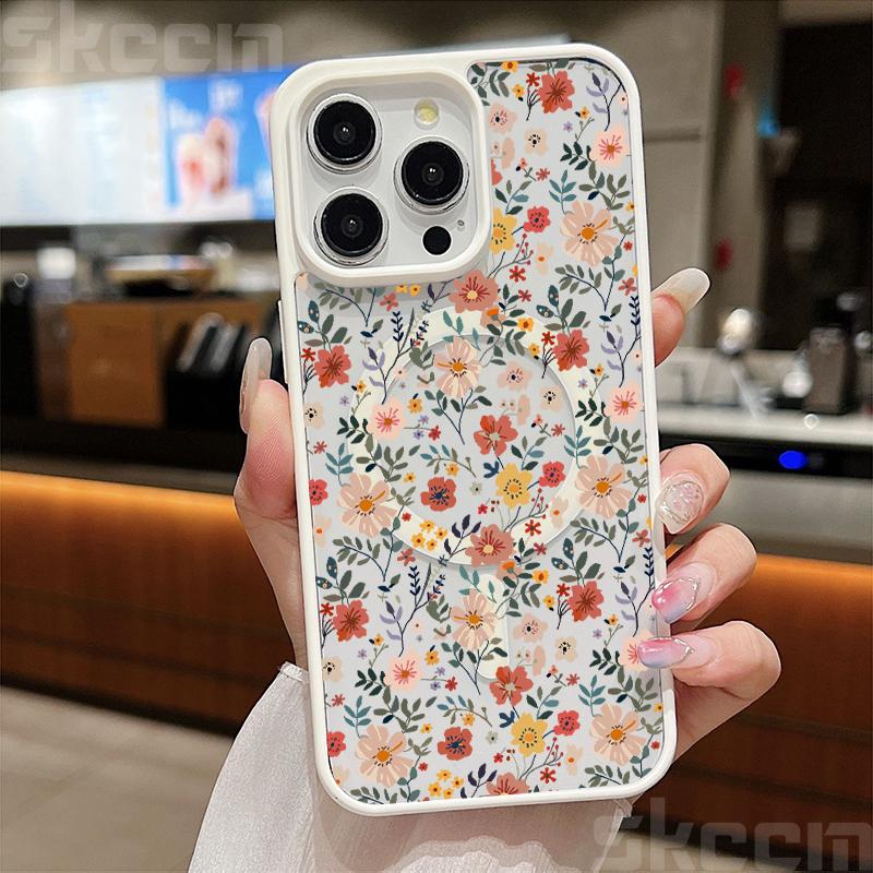 

Милый чехол для телефона с цветочным узором для iPhone 16 15 14 Pro Max 11 12 13 Pro 16E XS X XR Матовый магнитный чехол Magsafe для беспроводной зарядки iPhone 14