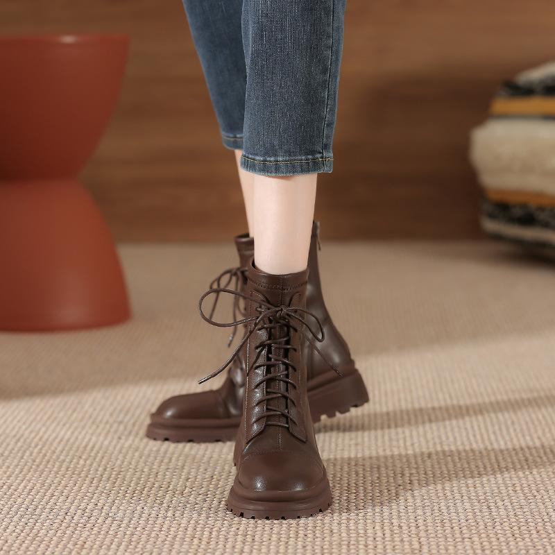 Women's High Heel Lace-Up Ankle Boots Thick Platform Chunky Heel Rear Zipper Long Boots White