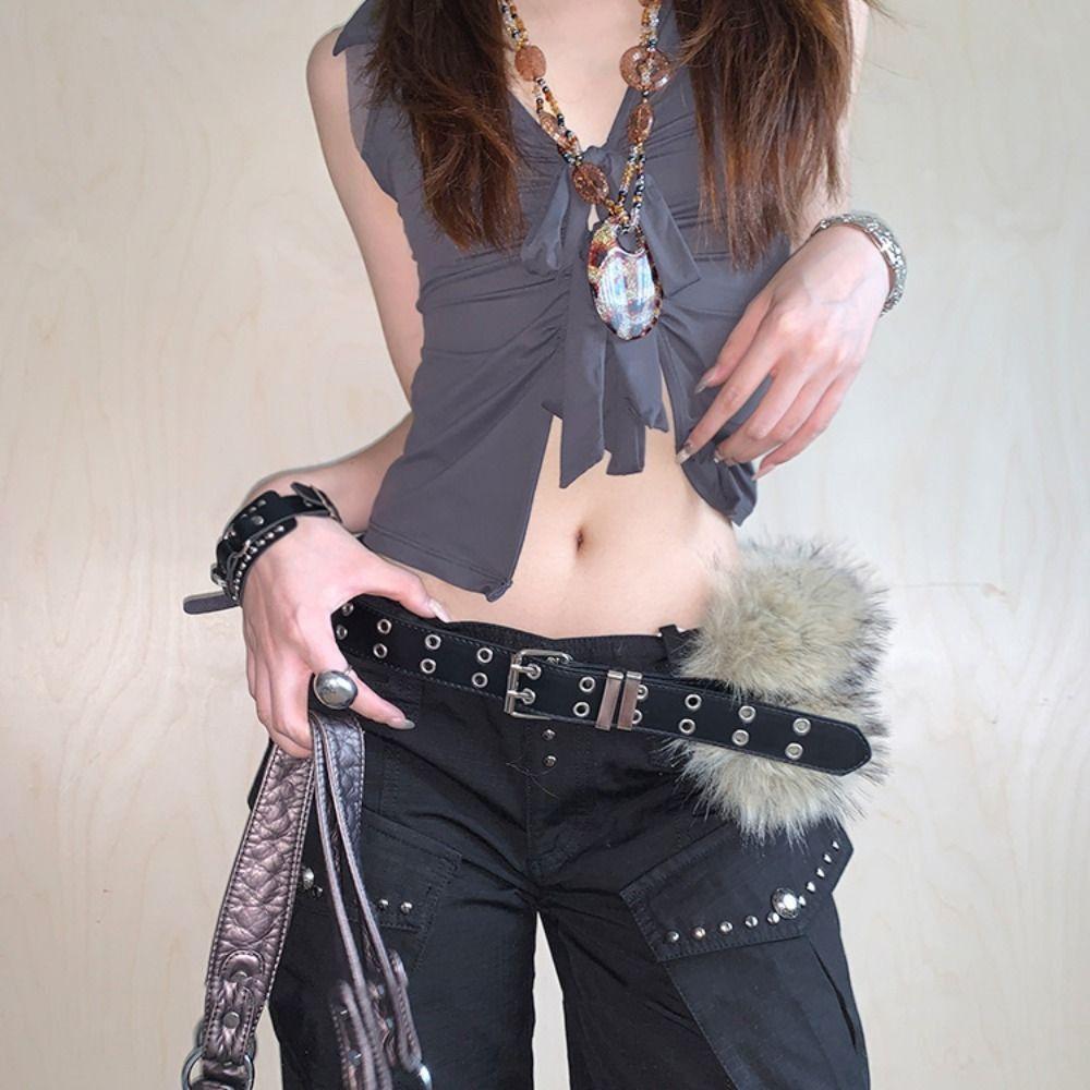 Rivet Leather Fur Belt PU Leather Plush Belt Personality Y2K Waistband  Dress Decoration