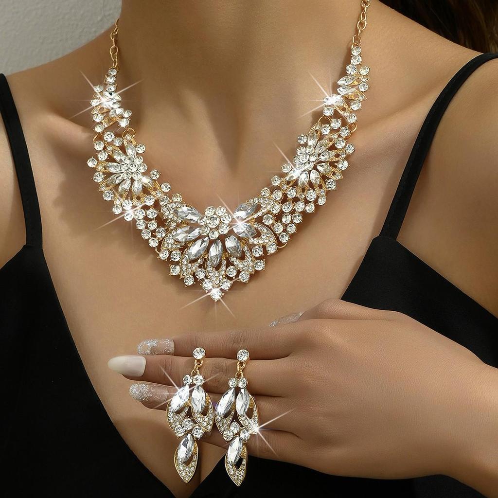 Exaggerated Crystal Necklace & Earring Set for Brides - Elegant Alloy Women's Accessories