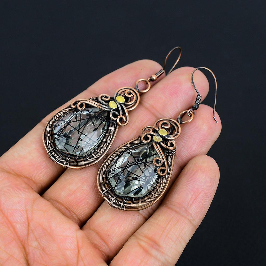 Black Rutile Jewelry, 999 Copper Wire Wrapped Gemstone Earrings, Handmade Earrings, For Memorial Day
