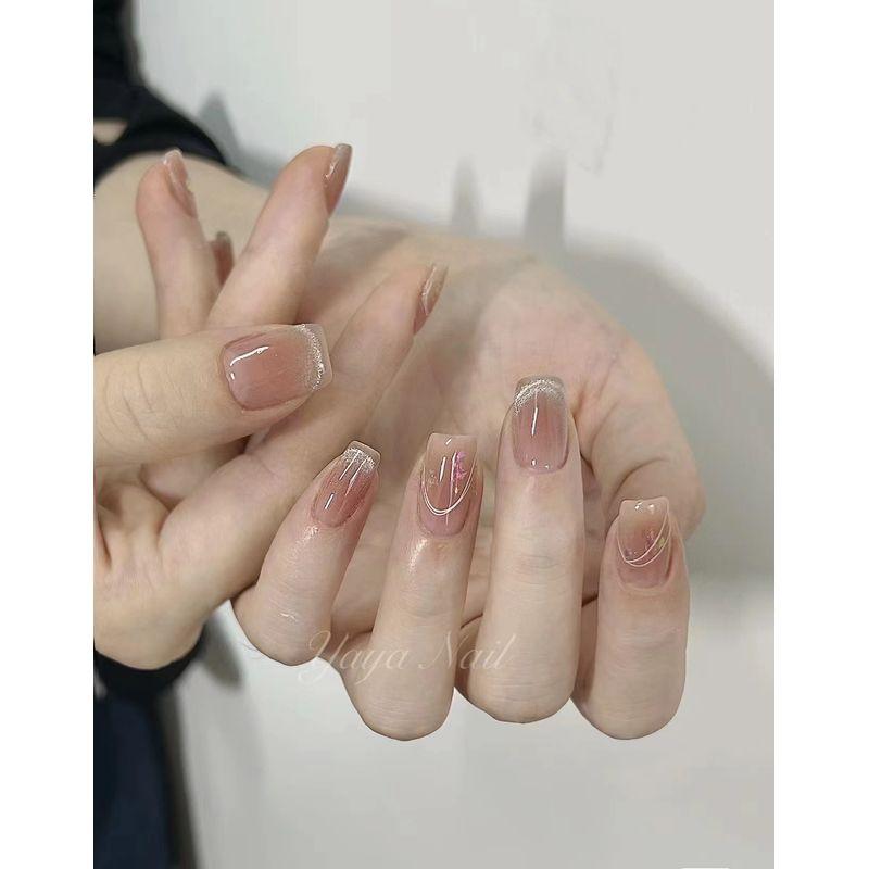 

New Arrival Cat s Eye Nail Stickers Handmade Gentle Blush Fake Nails Minimalist Fancy Pregnant Women Wear Armor XS short square silver foil Cat s Eye