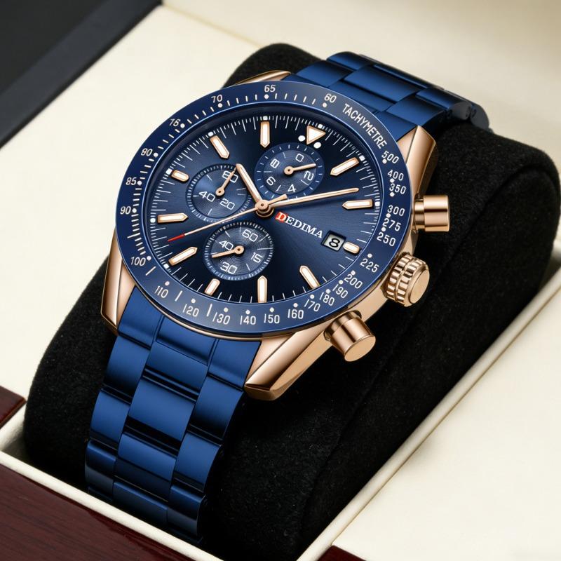 Relógio de Pulso Esportivo Multifuncional Luminous à Prova d'Água de Aço com Fivela Borboleta, Relógio de Pulso Masculino de Moda da Marca Top com Três Mostradores e Seis Ponteiros