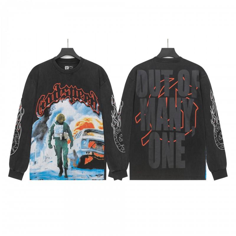 Unisex Vintage Skull Print Washed Cotton Long Sleeve Hoodie Streetwear Loose Fit