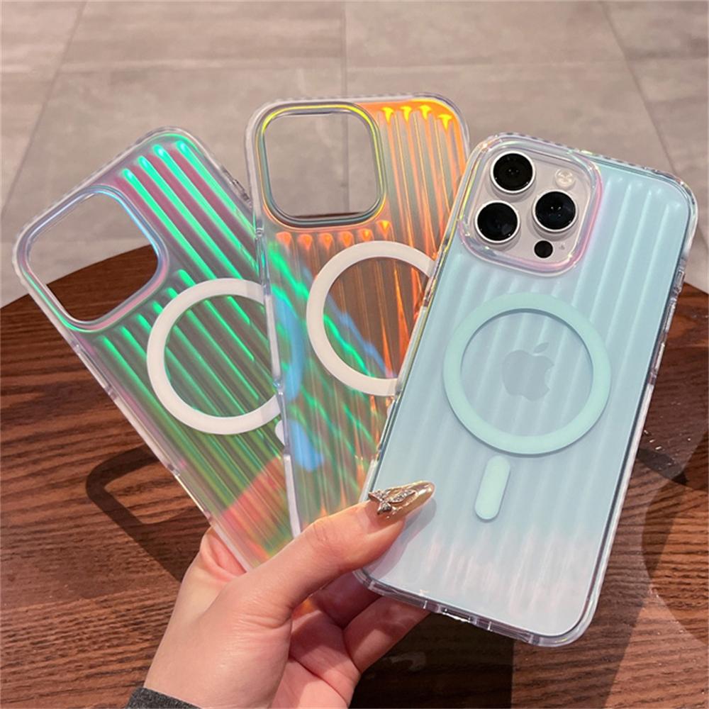 Luxury Aurora Laser Gradient Stripes Magnetic For Magsafe Case For iPhone 17 15 14 13 16 Pro Max Plus Wireless Charging Cover