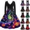 Womens Casual V Neck Long Sleeve Halloween Dress Halloween Pumpkin Print Retro Style Fit and Flare Midi Dress with Waist Tie Belt