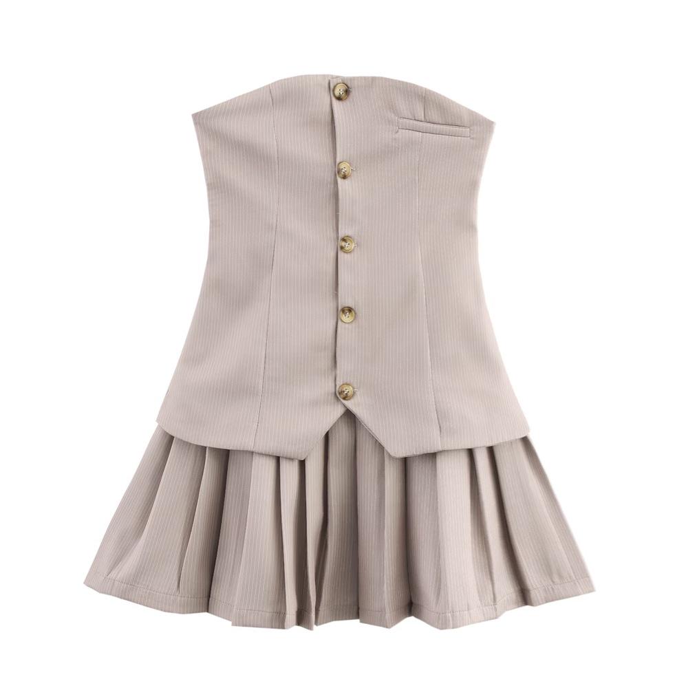 

2025 Spring/Summer Women s Elegant Slim Pleated Strapless Striped Dress L