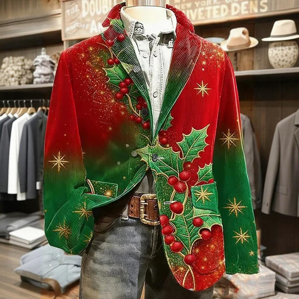Men's Printed Corduroy Warm Pocket Suit Jacket Cardigan Men's Casual Suit