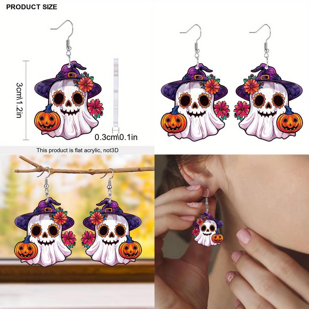 Ghost Themed Halloween Pumpkin Flower Pattern Women Alien Earrings Acrylic
