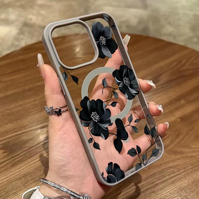 Black Floral Pattern Transparent Magnetic Wireless Charging Phone Case For iPhone 17 16 15 Pro Max 14 Plus 13 12 11 17E 17 Cover