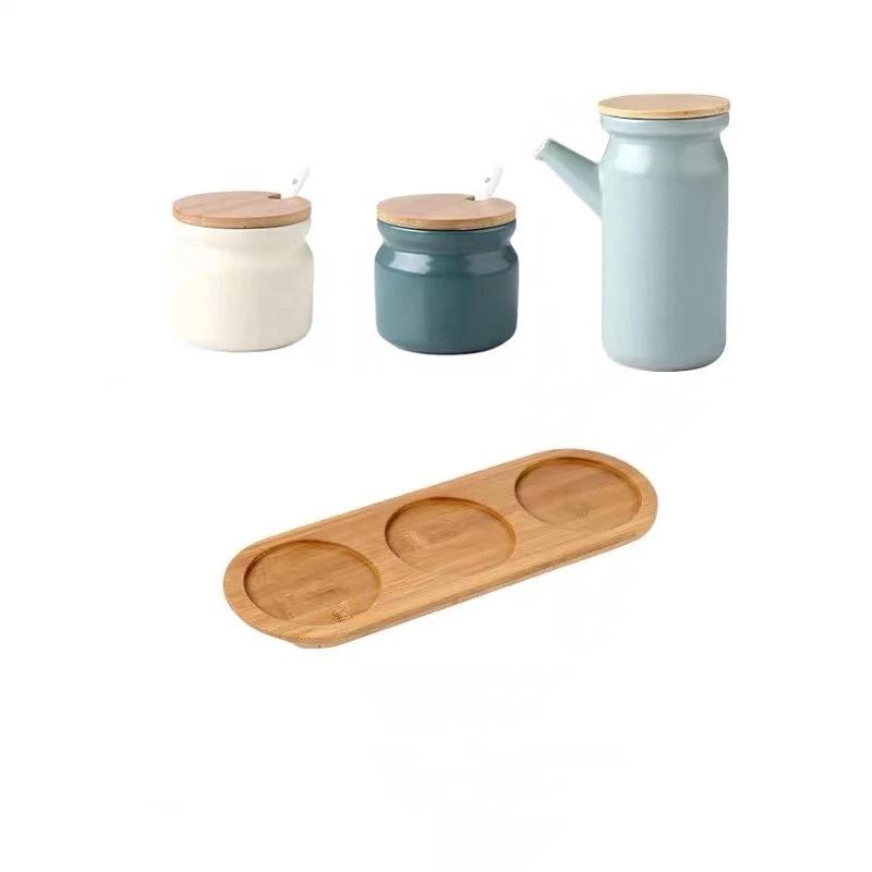 Keramik-Gewürzgläser-Set mit Bambustablett – Salz-, Öl-, Gewürzbehälter für die Küche