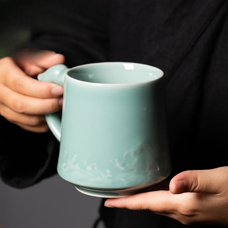 455ml Handmade Longquan Celadon Office Water Cup Chinese Conference Cup with Lid for Tea Making Personal Cup