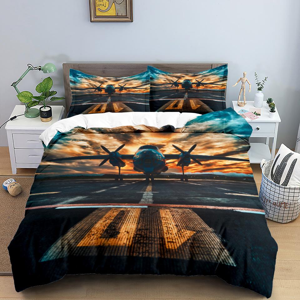 Comforter 3D Airplane King Queen Blue Sky Aviation Aircraft Runway Bedding Set Modern Transport 2/3Pcs