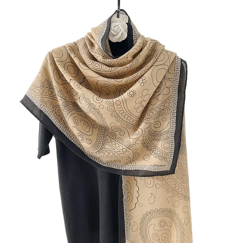 Retro Designer Plant Flower Print Scarf Women's Thin Exterior with Premium Air-conditioned Room Shawl