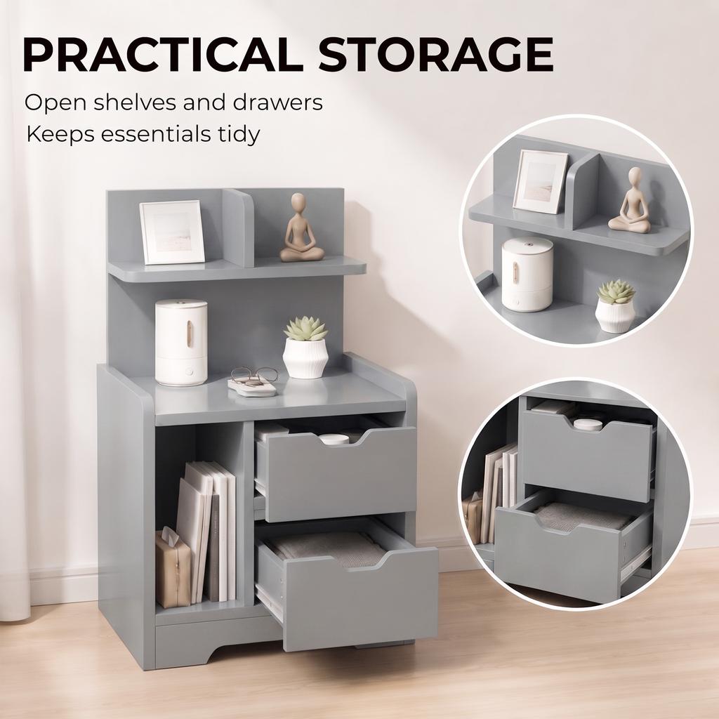 Bedside Table, Small Bedside Cabinet with 2 Drawers and Storage Shelves, Modern Nightstand for Bedroom, Grey
