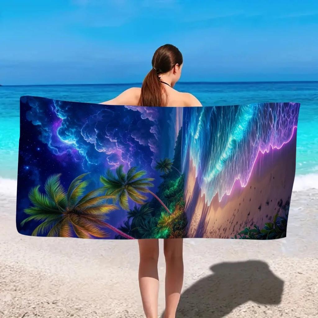 Dreamy Galaxy 2D Flat Printed Peach Skin Beach Towel Starry Night Palm Tree Bath Towel Summer Seaside Vacation Sand Free Blanket