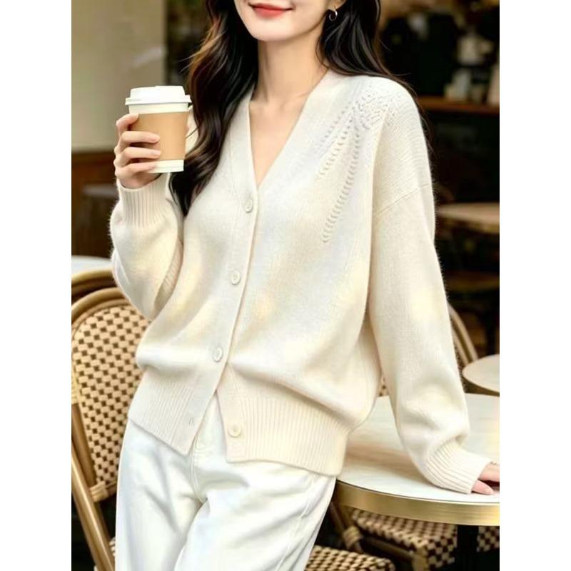 TIFICY Women's Fashion Casual Fall Winter Solid Color Print Long Sleeve V-Neck Sweaters