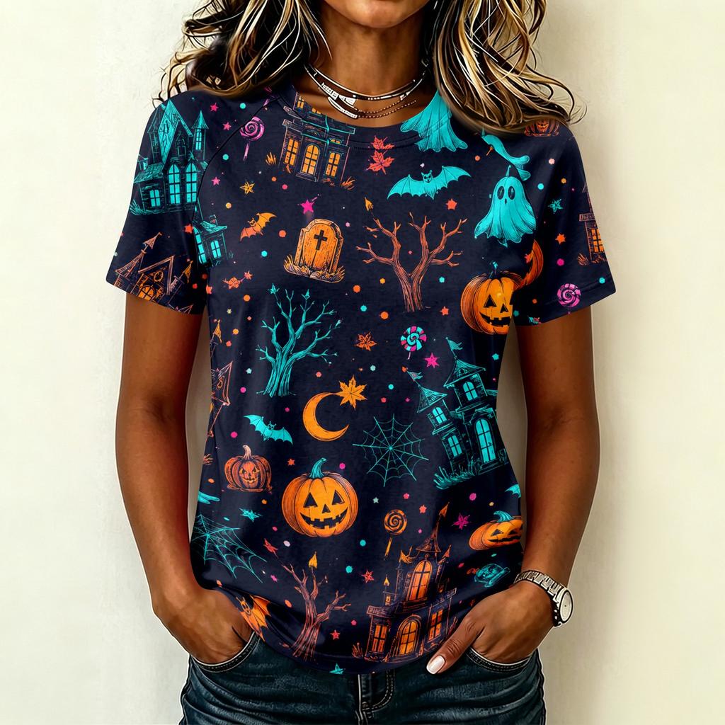 Women Raglan Sleeve Casual Short Sleeve Top Halloween Print Round Neck T Shirt Lightweight Comfortable Fit