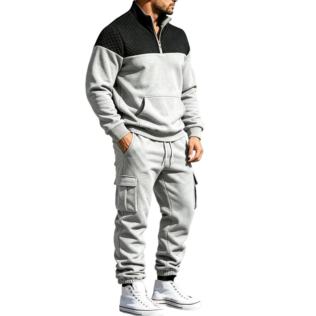 Men's Winter Hoodie and Sweatpants Set - Loose Fit Color Stand Collar Casual Tracksuit for Everyday Wear