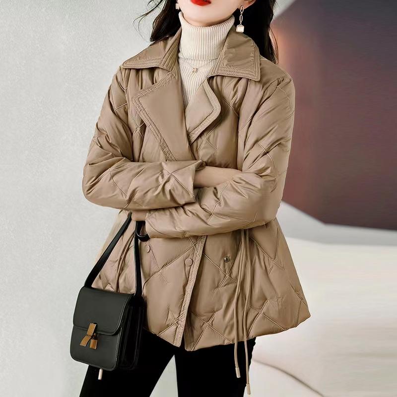 Chaqueta ligera de plumón para mujer, de longitud media, con cuello vuelto, de un solo pecho, holgada, recta, para otoño e invierno, abrigo de plumón de pato blanco, color liso, estampado de leopardo